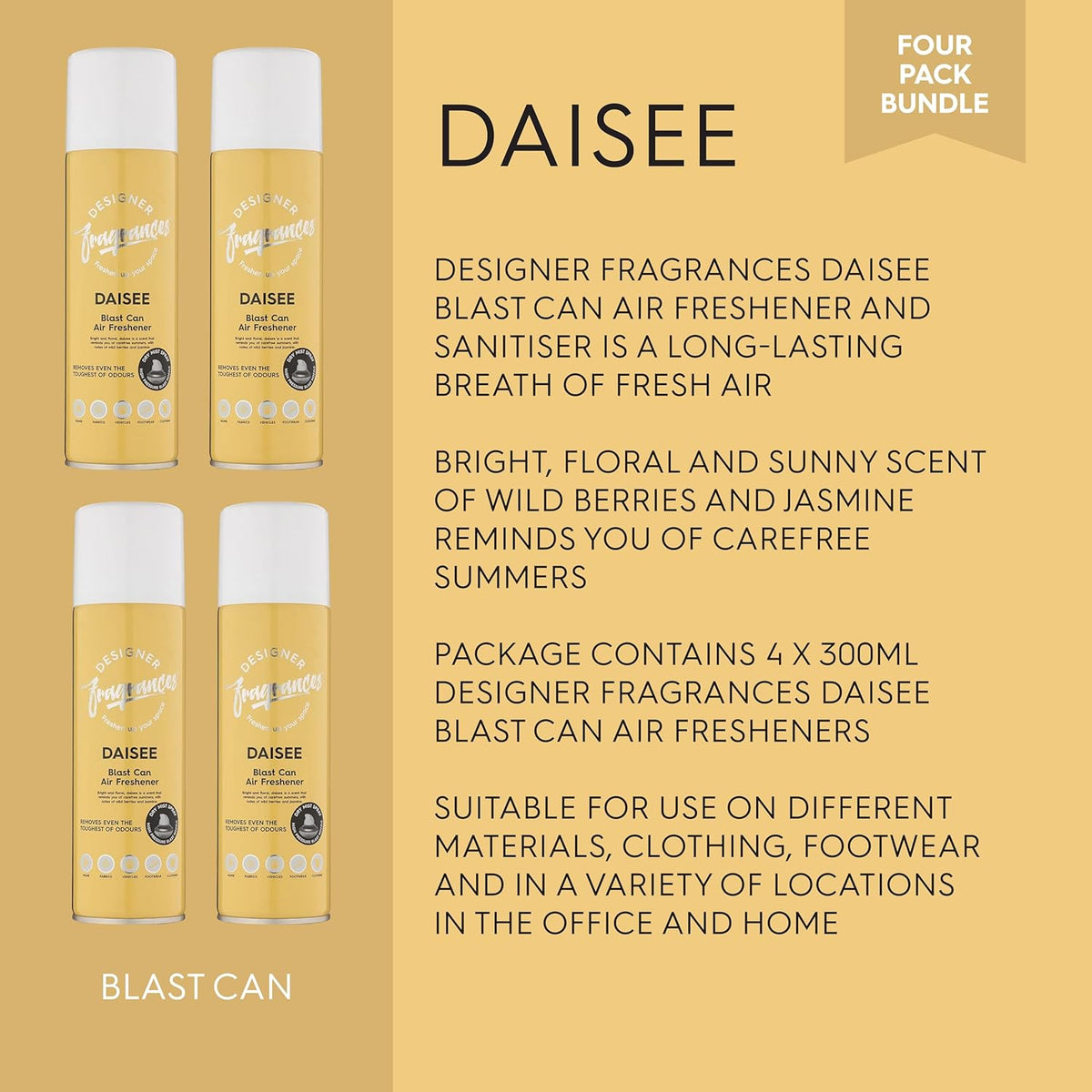 Designer Fragrances 4 Pack Daisee Air Freshener Blast Cans - For Home & Vehicles – Natural Oils, Luxury Lasting Smell, Dry Mist Quick Release Spray – Deodorise & Neutralise Odours – 300ml