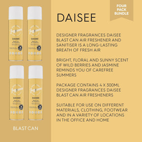 Designer Fragrances 4 Pack Daisee Air Freshener Blast Cans - For Home & Vehicles – Natural Oils, Luxury Lasting Smell, Dry Mist Quick Release Spray – Deodorise & Neutralise Odours – 300ml