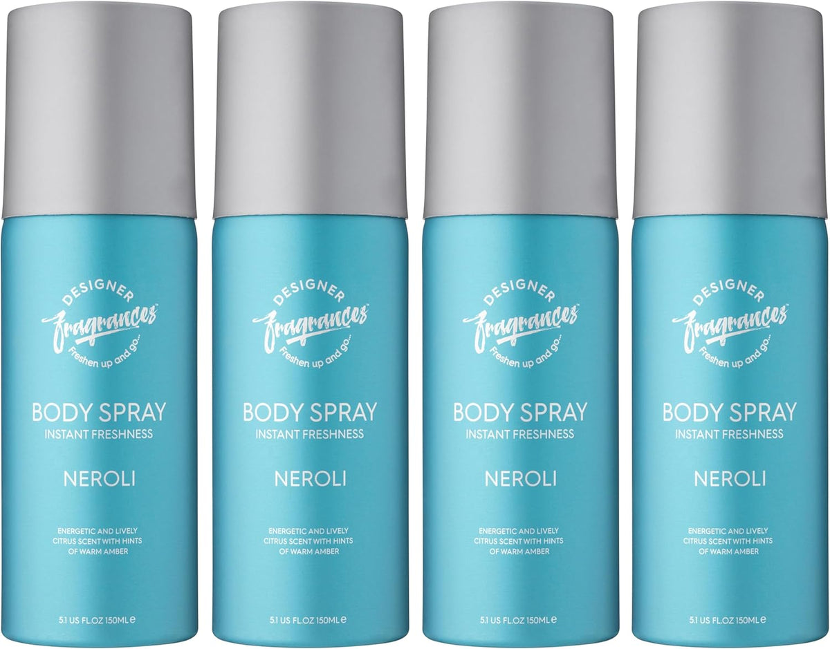 Designer Fragrances 4 Pack Neroli Men's Body Spray Deodorant Cans - For Instant Freshness on The Go - Long Lasting Smell - Great Male Gift Sets - 150ml