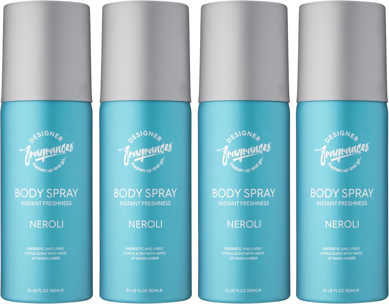 Designer Fragrances 4 Pack Neroli Men's Body Spray Deodorant Cans - For Instant Freshness on The Go - Long Lasting Smell - Great Male Gift Sets - 150ml