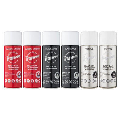 Designer Fragrances 4 Pack Classic Cherry Air Freshener Blast Cans - For Home & Vehicles – Natural Oils, Luxury Lasting Smell, Dry Mist Quick Release Spray – Deodorise & Neutralise Odours – 300ml - Get Me Products