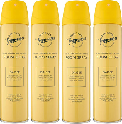 Designer Fragrances 4 Pack Daisee Air Freshener Room Spray Cans - For Home & Vehicles – Natural Oils, Luxury Lasting Sunny & Floral Smell, Quick Release Spray – Deodorise & Neutralise Odours – 300ml