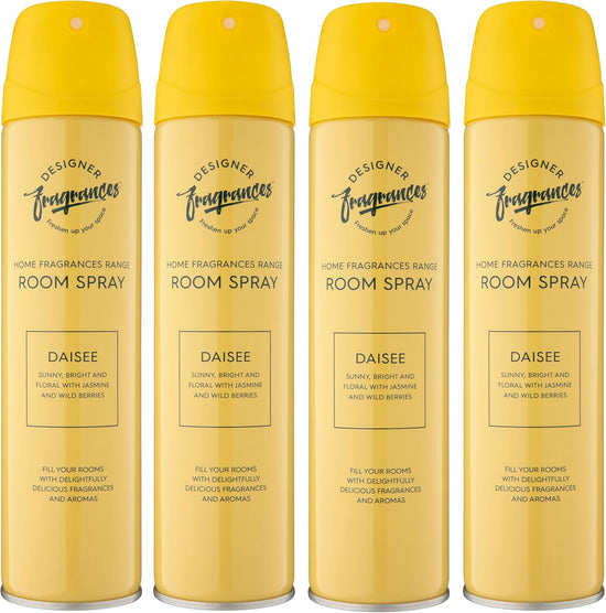 Designer Fragrances 4 Pack Daisee Air Freshener Room Spray Cans - For Home & Vehicles – Natural Oils, Luxury Lasting Sunny & Floral Smell, Quick Release Spray – Deodorise & Neutralise Odours – 300ml