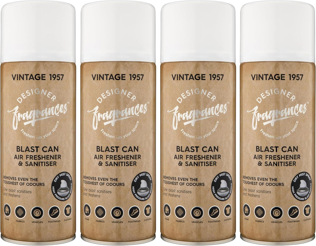 Designer Fragrances 4 Pack Vintage 1957 Air Freshener Blast Cans - For Home & Vehicles – Natural Oils, Luxury Lasting Smell, Dry Mist Quick Release Spray – Deodorise & Neutralise Odours – 400ml