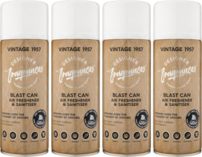 Designer Fragrances 4 Pack Vintage 1957 Air Freshener Blast Cans - For Home & Vehicles – Natural Oils, Luxury Lasting Smell, Dry Mist Quick Release Spray – Deodorise & Neutralise Odours – 400ml