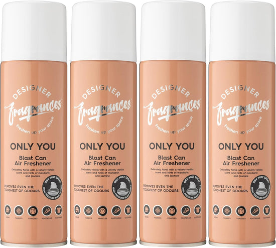 Designer Fragrances 4 Pack Only You Air Freshener Blast Cans - For Home & Vehicles – Natural Oils, Luxury Lasting Smell, Dry Mist Quick Release Spray – Deodorise & Neutralise Odours – 300ml - Get Me Products