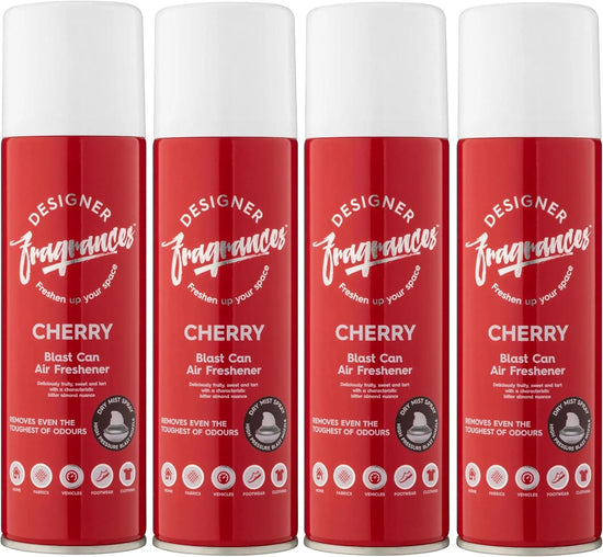 Designer Fragrances 4 Pack Classic Cherry Air Freshener Blast Cans - For Home & Vehicles – Natural Oils, Luxury Lasting Smell, Dry Mist Quick Release Spray – Deodorise & Neutralise Odours – 300ml - Get Me Products