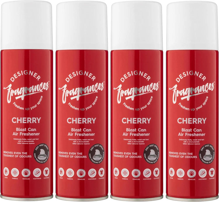 Designer Fragrances 4 Pack Classic Cherry Air Freshener Blast Cans - For Home & Vehicles – Natural Oils, Luxury Lasting Smell, Dry Mist Quick Release Spray – Deodorise & Neutralise Odours – 300ml - Get Me Products