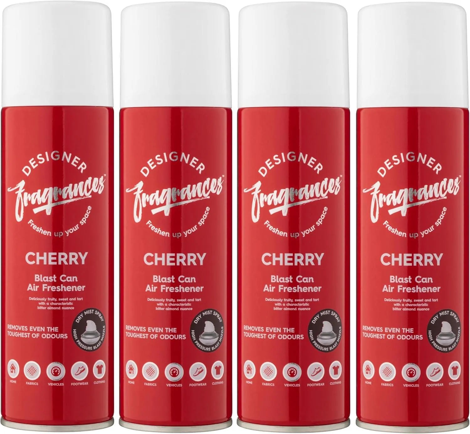 Designer Fragrances 4 Pack Classic Cherry Air Freshener Blast Cans - For Home & Vehicles – Natural Oils, Luxury Lasting Smell, Dry Mist Quick Release Spray – Deodorise & Neutralise Odours – 300ml - Get Me Products