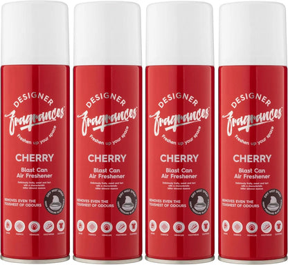 Designer Fragrances 4 Pack Classic Cherry Air Freshener Blast Cans - For Home & Vehicles – Natural Oils, Luxury Lasting Smell, Dry Mist Quick Release Spray – Deodorise & Neutralise Odours – 300ml - Get Me Products