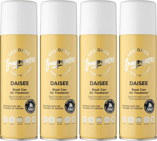 Designer Fragrances 4 Pack Daisee Air Freshener Blast Cans - For Home & Vehicles – Natural Oils, Luxury Lasting Smell, Dry Mist Quick Release Spray – Deodorise & Neutralise Odours – 300ml - Get Me Products