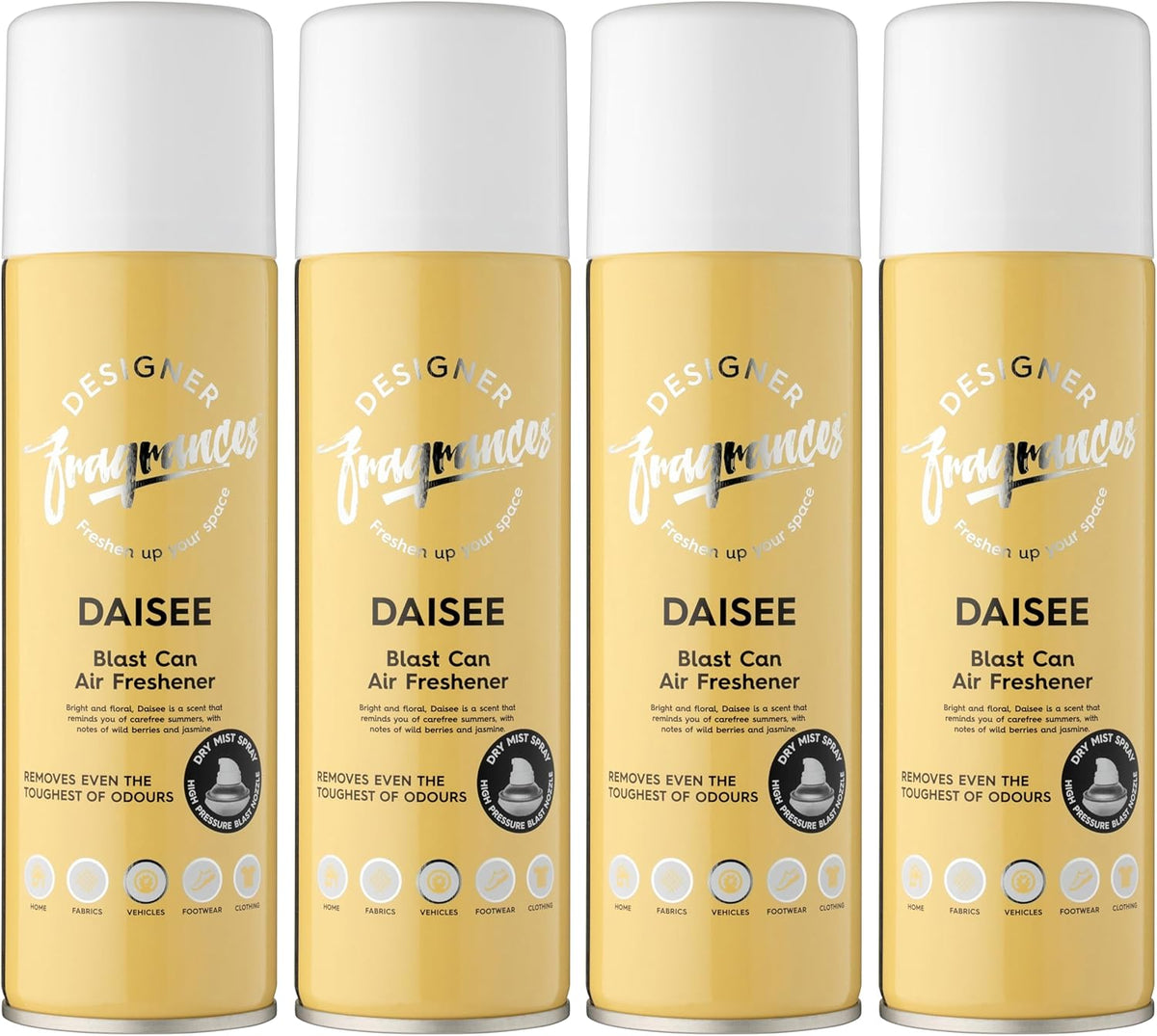 Designer Fragrances 4 Pack Daisee Air Freshener Blast Cans - For Home & Vehicles – Natural Oils, Luxury Lasting Smell, Dry Mist Quick Release Spray – Deodorise & Neutralise Odours – 300ml