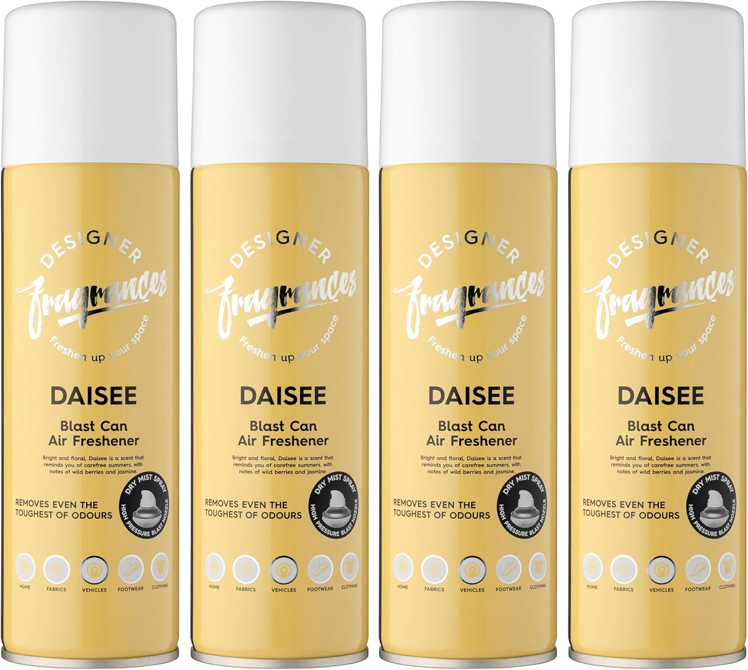 Designer Fragrances 4 Pack Daisee Air Freshener Blast Cans - For Home & Vehicles – Natural Oils, Luxury Lasting Smell, Dry Mist Quick Release Spray – Deodorise & Neutralise Odours – 300ml