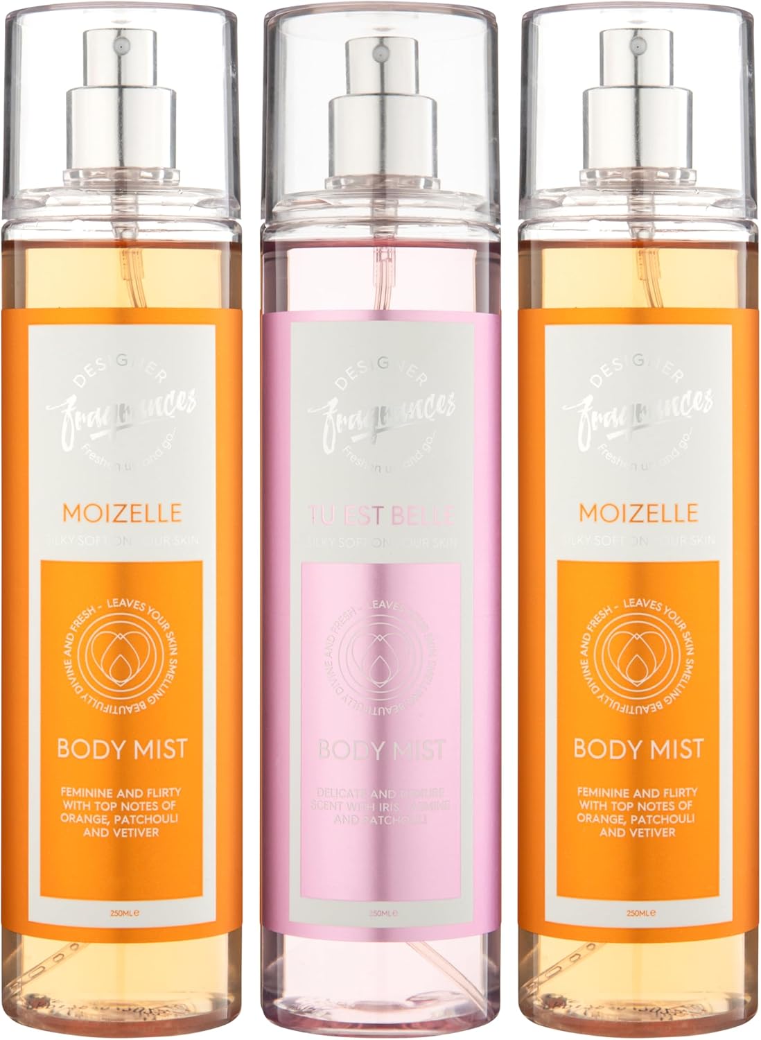 Designer Fragrances Women Body Mist Spray Bottles Tu Est Belle & 2 Moizelle - For Silky Soft, Beautifully Smelling Divine & Fresh Skin, Great Gifts - 250ml