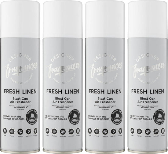 Designer Fragrances 4 Pack Fresh Linen Air Freshener Blast Cans - For Home & Vehicles – Natural Oils, Luxury Lasting Smell, Dry Mist Quick Release Spray – Deodorise & Neutralise Odours – 300ml - Get Me Products