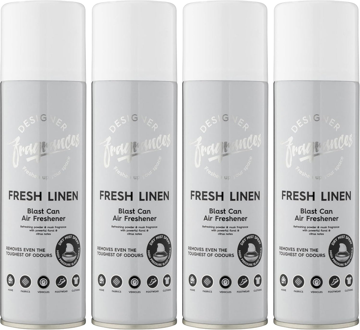 Designer Fragrances 4 Pack Fresh Linen Air Freshener Blast Cans - For Home & Vehicles – Natural Oils, Luxury Lasting Smell, Dry Mist Quick Release Spray – Deodorise & Neutralise Odours – 300ml