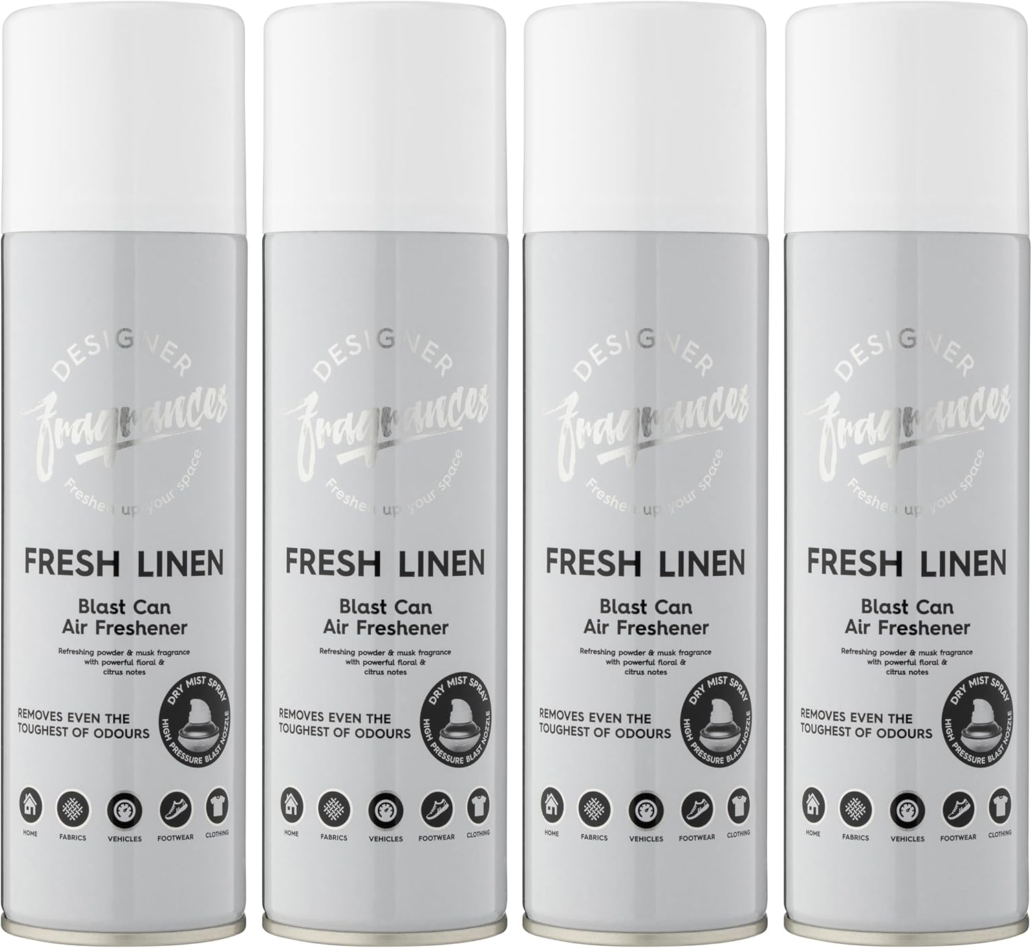 Designer Fragrances 4 Pack Fresh Linen Air Freshener Blast Cans - For Home & Vehicles – Natural Oils, Luxury Lasting Smell, Dry Mist Quick Release Spray – Deodorise & Neutralise Odours – 300ml