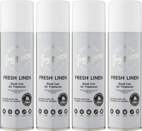 Designer Fragrances 4 Pack Fresh Linen Air Freshener Blast Cans - For Home & Vehicles – Natural Oils, Luxury Lasting Smell, Dry Mist Quick Release Spray – Deodorise & Neutralise Odours – 300ml