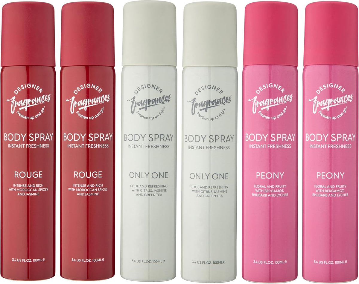 Designer Fragrances 6 Pack Assorted Aromas Bundle - Rouge, Only One & Peony - Women's Body Spray Deodorant Cans - For Instant Freshness On The Go - Long Lasting Smell, Great Gifts - 100ml