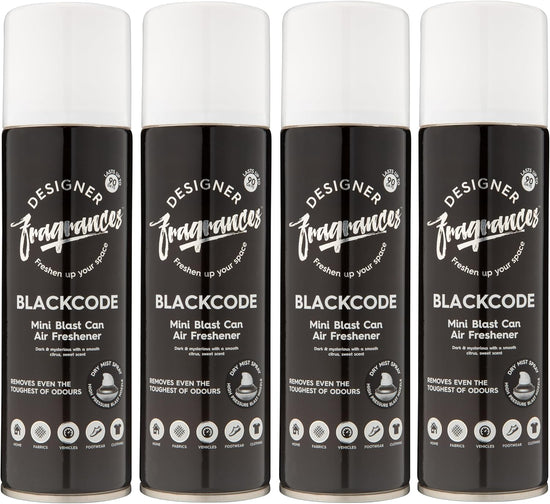 Designer Fragrances 4 Pack Blackcode Air Freshener Blast Cans - For Home & Vehicles – Natural Oils, Luxury Lasting Smell, Dry Mist Quick Release Spray – Deodorise & Neutralise Odours – 300ml - Get Me Products
