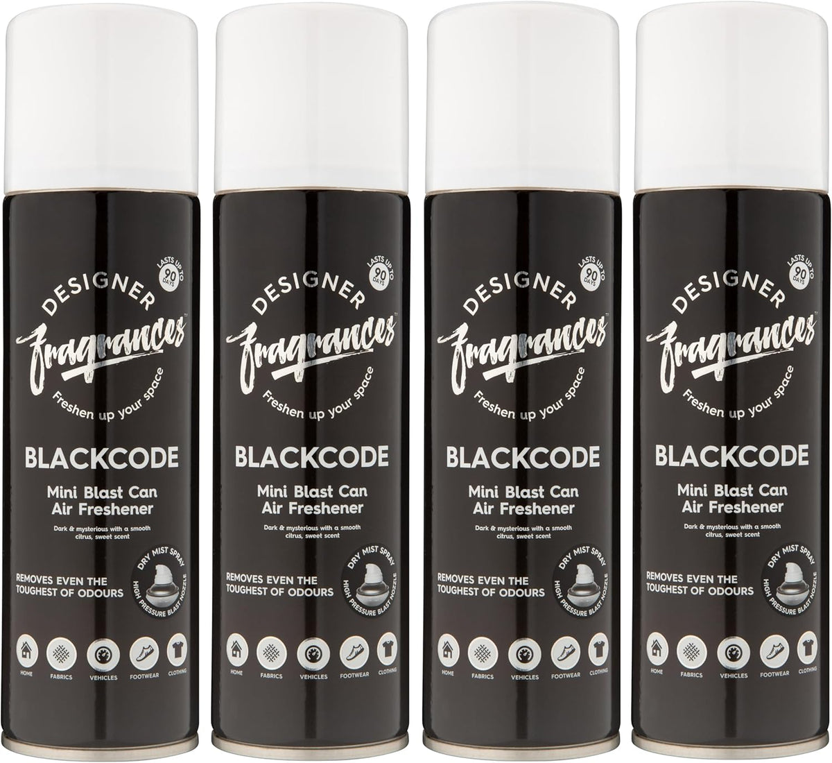 Designer Fragrances 4 Pack Blackcode Air Freshener Blast Cans - For Home & Vehicles – Natural Oils, Luxury Lasting Smell, Dry Mist Quick Release Spray – Deodorise & Neutralise Odours – 300ml