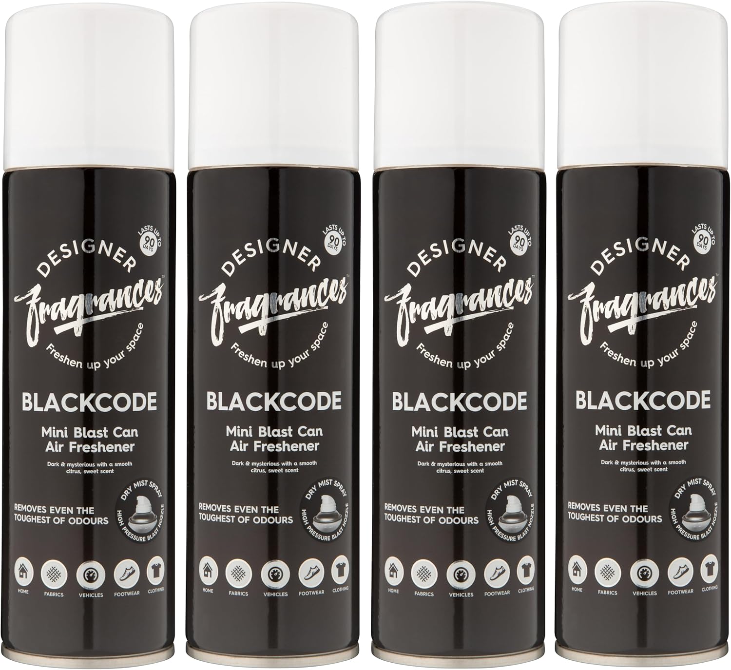 Designer Fragrances 4 Pack Blackcode Air Freshener Blast Cans - For Home & Vehicles – Natural Oils, Luxury Lasting Smell, Dry Mist Quick Release Spray – Deodorise & Neutralise Odours – 300ml