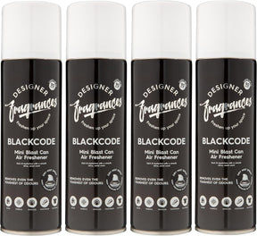 Designer Fragrances 4 Pack Blackcode Air Freshener Blast Cans - For Home & Vehicles – Natural Oils, Luxury Lasting Smell, Dry Mist Quick Release Spray – Deodorise & Neutralise Odours – 300ml