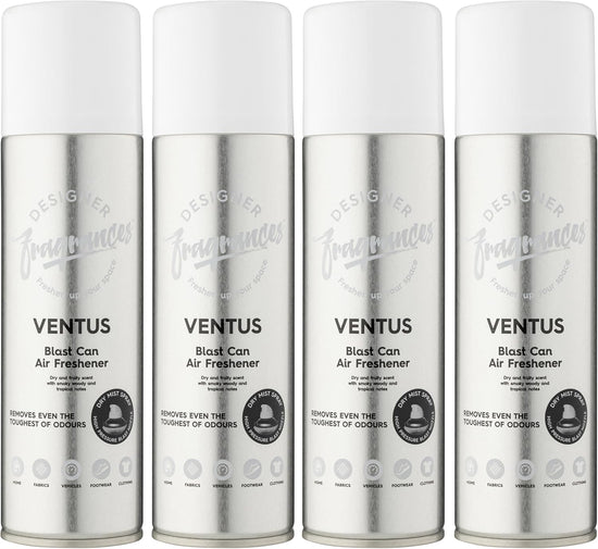 Designer Fragrances 4 Pack Ventus Air Freshener Blast Cans - For Home & Vehicles – Natural Oils, Luxury Lasting Smell, Dry Mist Quick Release Spray – Deodorise & Neutralise Odours – 300ml - Get Me Products
