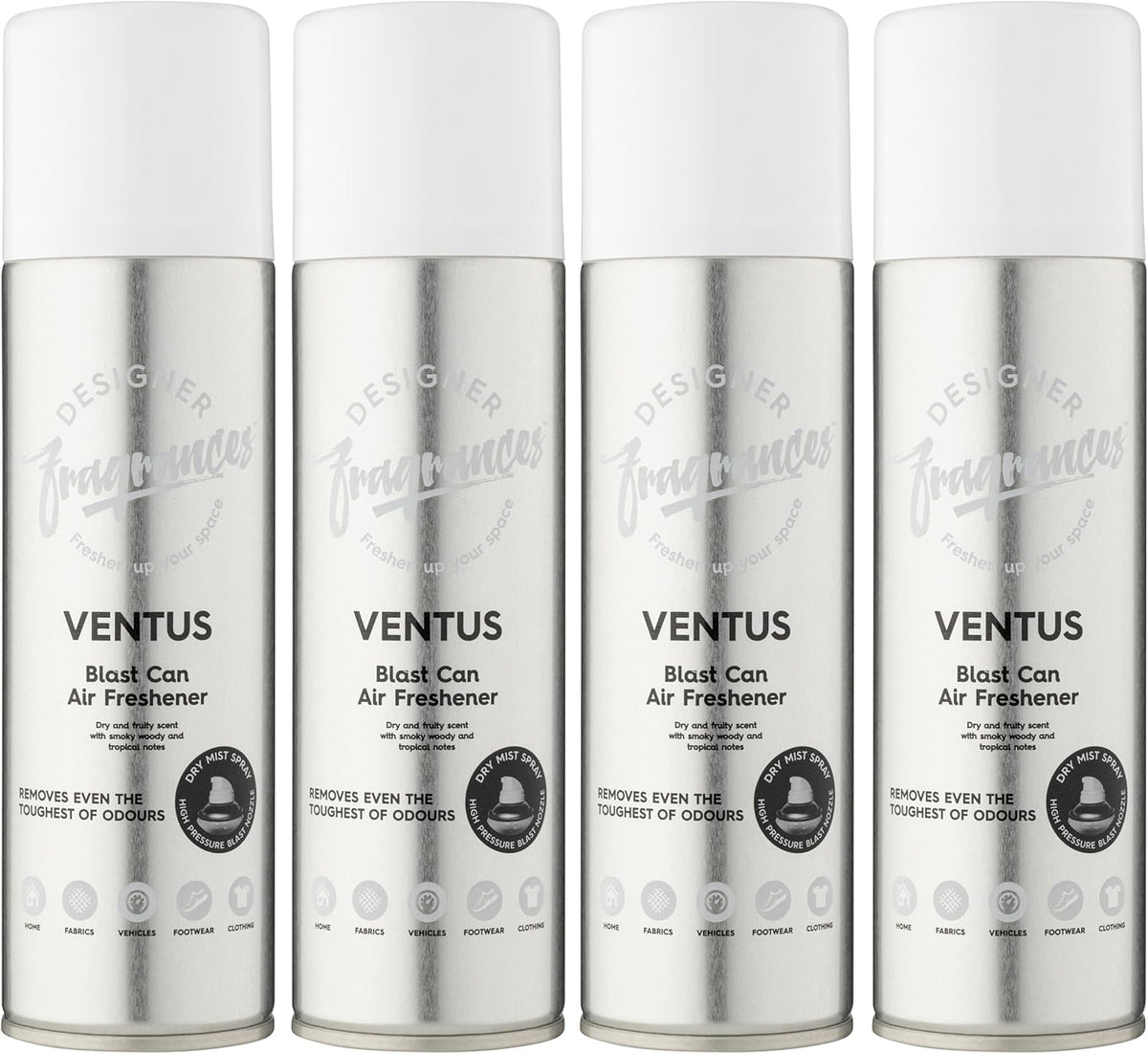 Designer Fragrances 4 Pack Ventus Air Freshener Blast Cans - For Home & Vehicles – Natural Oils, Luxury Lasting Smell, Dry Mist Quick Release Spray – Deodorise & Neutralise Odours – 300ml