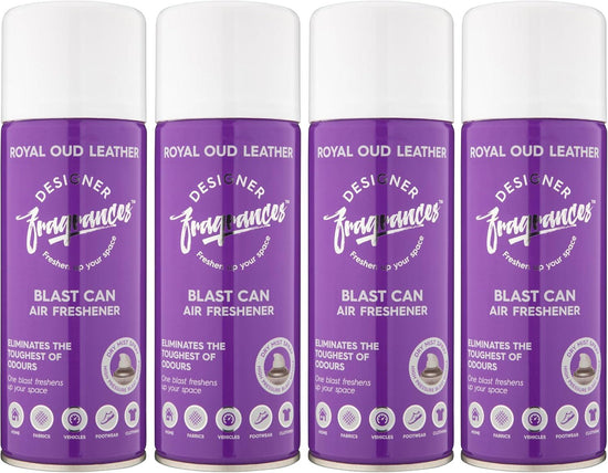 Designer Fragrances 4 Pack Royal Oud Leather Air Freshener Blast Cans - For Home & Vehicles – Natural Oils, Luxury Lasting Smell, Dry Mist Quick Release Spray – Deodorise & Neutralise Odours – 400ml - Get Me Products
