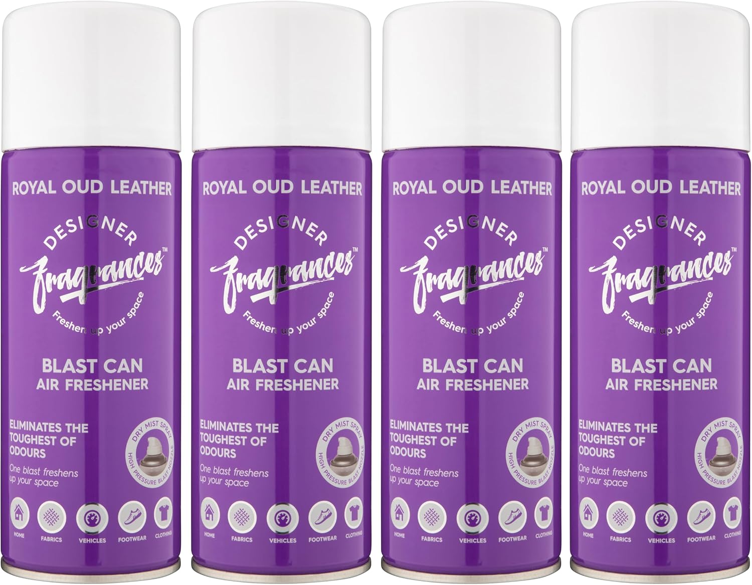 Designer Fragrances 4 Pack Royal Oud Leather Air Freshener Blast Cans - For Home & Vehicles – Natural Oils, Luxury Lasting Smell, Dry Mist Quick Release Spray – Deodorise & Neutralise Odours – 400ml