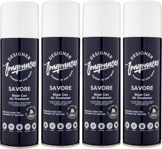 Designer Fragrances 4 Pack Savore Air Freshener Blast Cans - For Home & Vehicles – Natural Oils, Luxury Lasting Smell, Dry Mist Quick Release Spray – Deodorise & Neutralise Odours – 300ml - Get Me Products