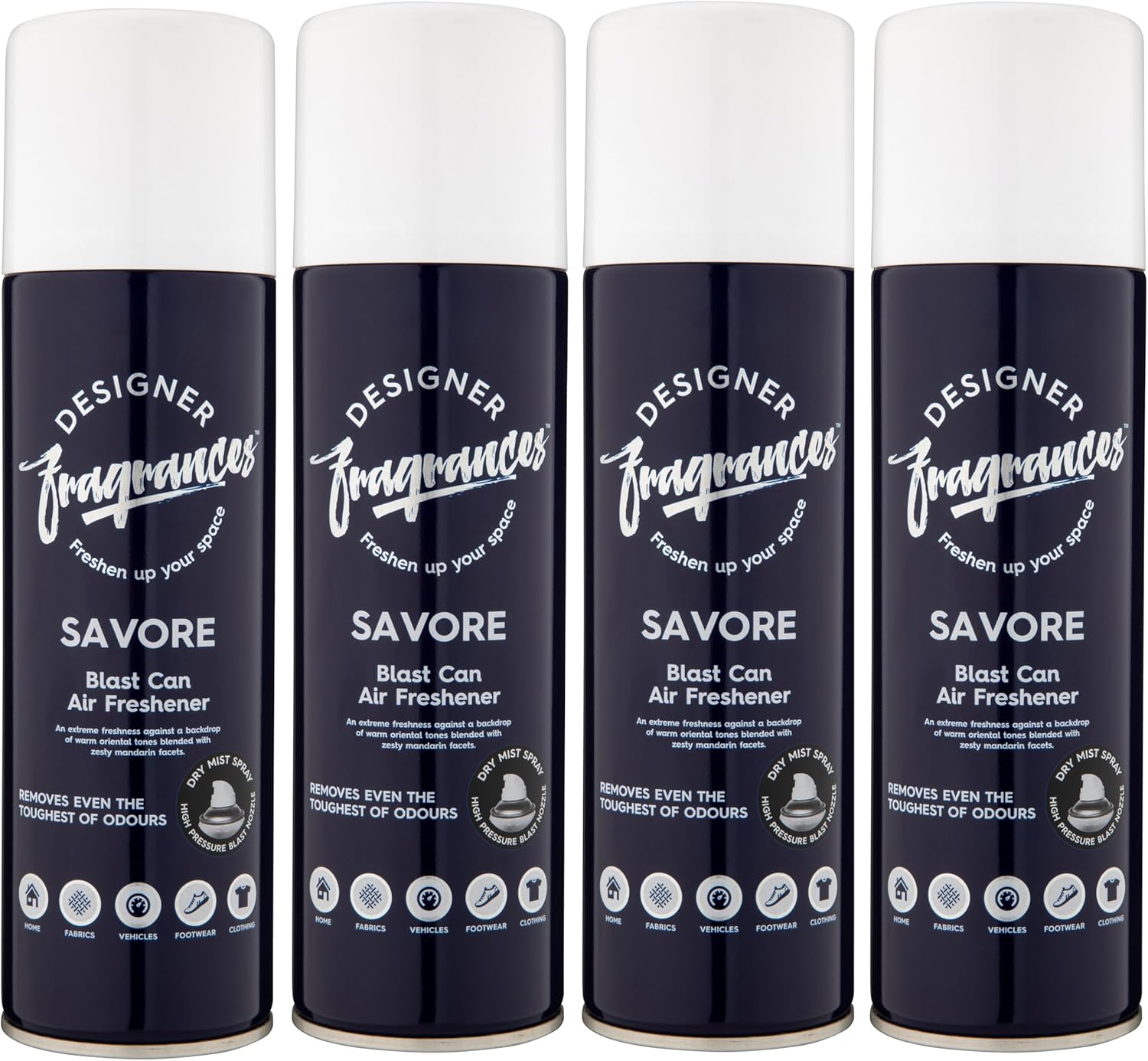 Designer Fragrances 4 Pack Savore Air Freshener Blast Cans - For Home & Vehicles – Natural Oils, Luxury Lasting Smell, Dry Mist Quick Release Spray – Deodorise & Neutralise Odours – 300ml