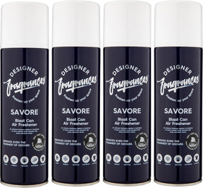 Designer Fragrances 4 Pack Savore Air Freshener Blast Cans - For Home & Vehicles – Natural Oils, Luxury Lasting Smell, Dry Mist Quick Release Spray – Deodorise & Neutralise Odours – 300ml