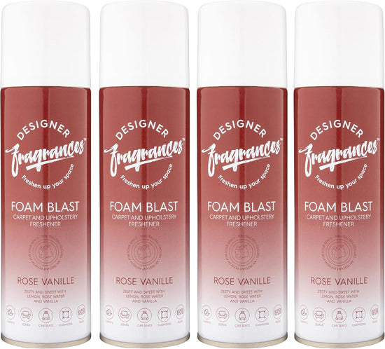 Designer Fragrances 4 Pack Rose Vanille Carpet & Upholstery Freshener Foam Blasts - For Carpets, Sofas, Cushions, Car Seats – Lasting Smell, Spray on Foam – Deodorise & Neutralise Odours – 300ml - Get Me Products