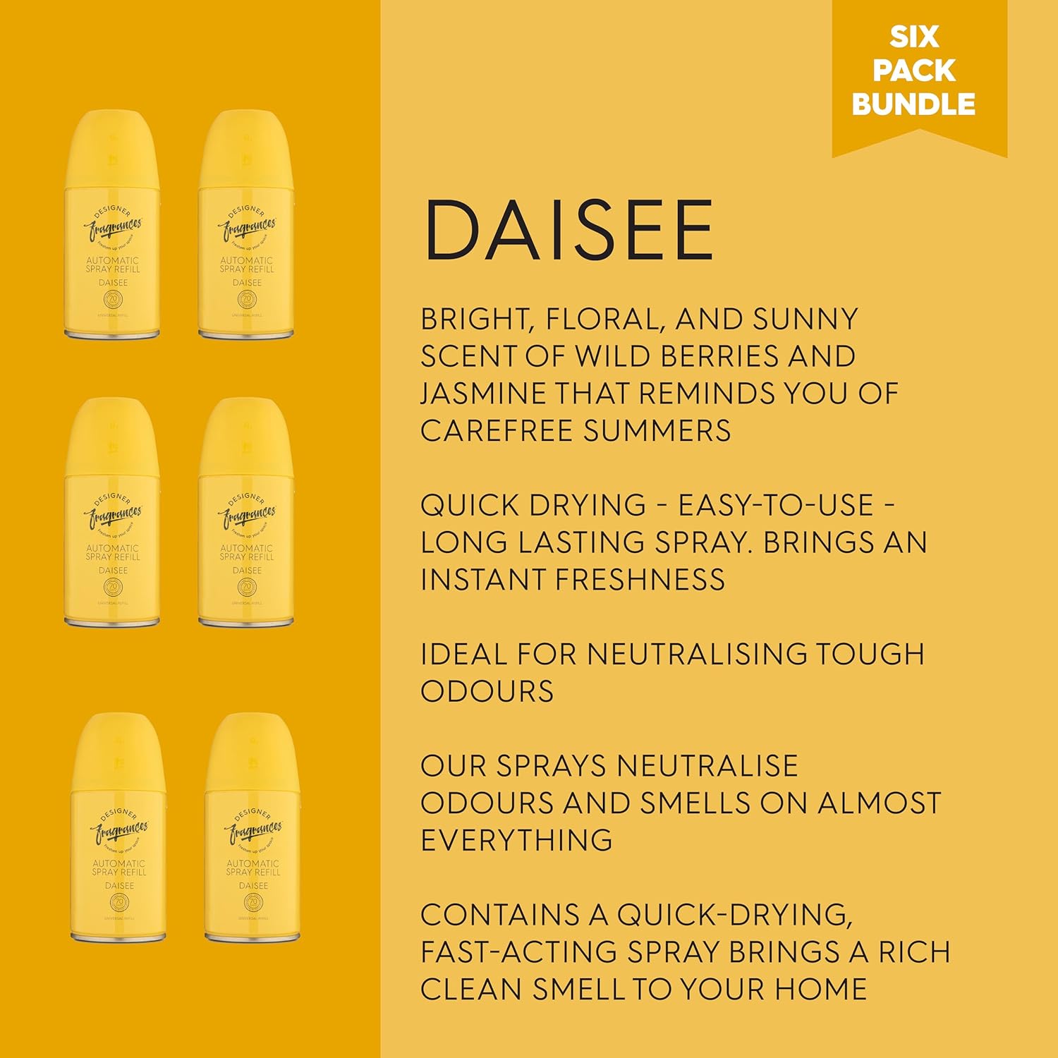 Designer Fragrances 6 Pack Daisee Automatic Room Spray Universal Refill Air Freshener Cans - For Home & Vehicles – Upto 70 Days of Luxury Lasting Smell - Deodorise & Neutralise Odours – 250ml