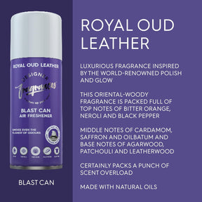 Designer Fragrances 4 Pack Royal Oud Leather Air Freshener Blast Cans - For Home & Vehicles – Natural Oils, Luxury Lasting Smell, Dry Mist Quick Release Spray – Deodorise & Neutralise Odours – 400ml