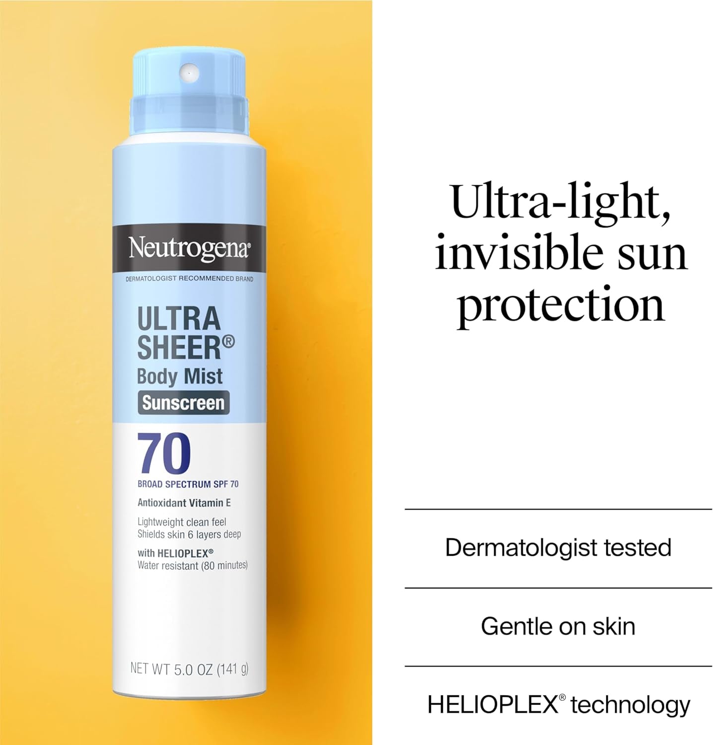 Ultra Sheer Body Mist Sunscreen Spray Broad Spectrum SPF 70, Lightweight, Non-Greasy & Water Resistant, Oil-Free & Non-Comedogenic UVA/UVB Sunscreen Mist, 5 Oz (Pack of 3)