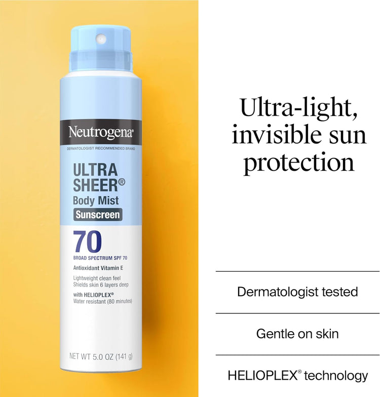 Ultra Sheer Body Mist Sunscreen Spray Broad Spectrum SPF 70, Lightweight, Non-Greasy & Water Resistant, Oil-Free & Non-Comedogenic UVA/UVB Sunscreen Mist, 5 Oz (Pack of 3)