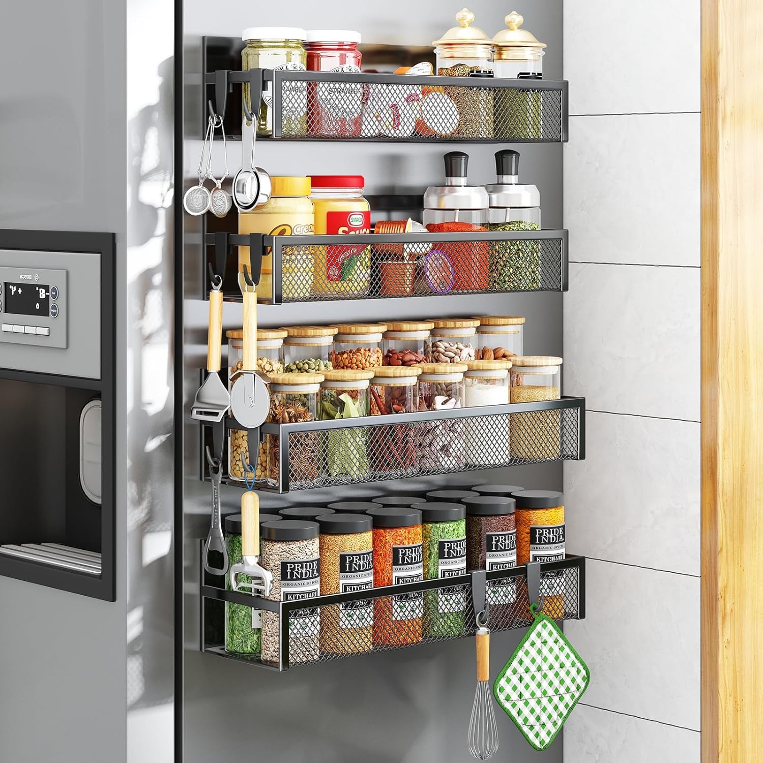 Magnetic Spice Rack for Refrigerator, 2 Pack Magnetic Shelf, Fridge Magnet Organizer with Moveable 4 Hooks, Magnet Fridge Shelf for Kitchen Organization and Storage (2 Pack)