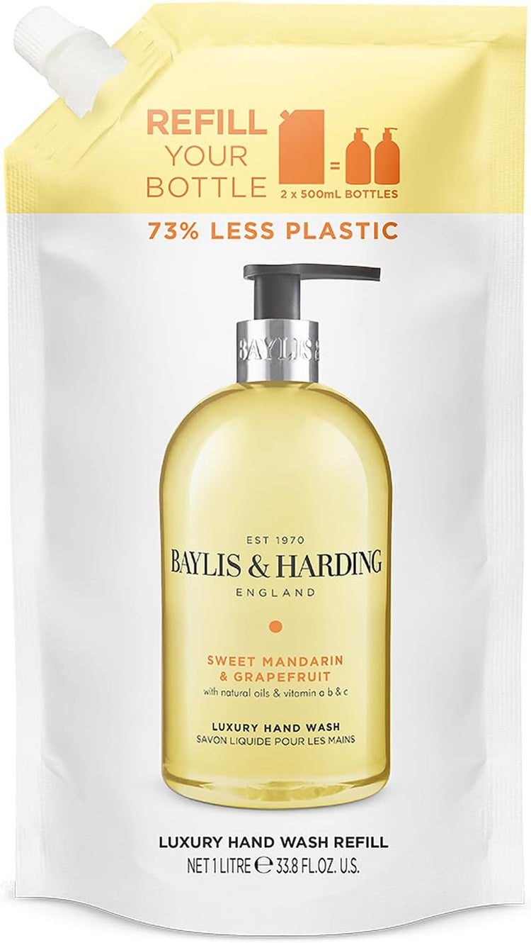 Sweet Mandarin & Grapefruit Hand Wash Refill Pouch - 1 Litre x 3 Pack - Vegan Friendly Luxury Cleanse