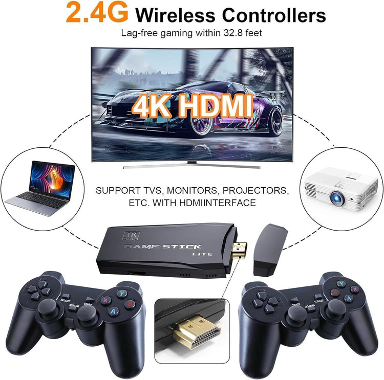 4K HDMI Retro Game Stick Console Plug Play 20000- Games 2 Wireless Controllers - Get Me Products