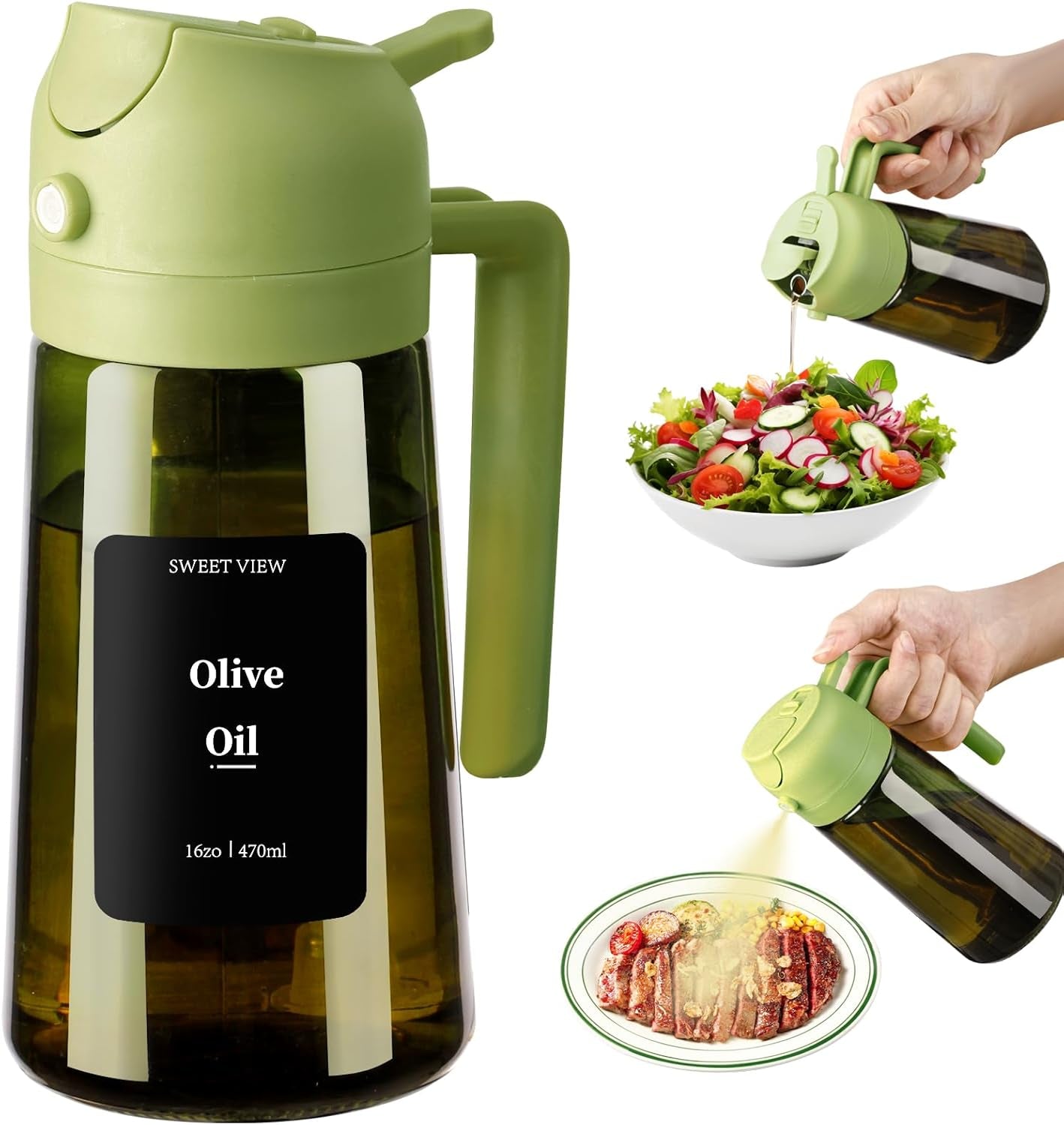 Olive Oil Dispenser and Sprayer, 16Oz/470Ml Glass Light-Proof Pour Bottle, Kitchen Gadgets Accessories for Air Fryer, Cooking, Salad, and BBQ