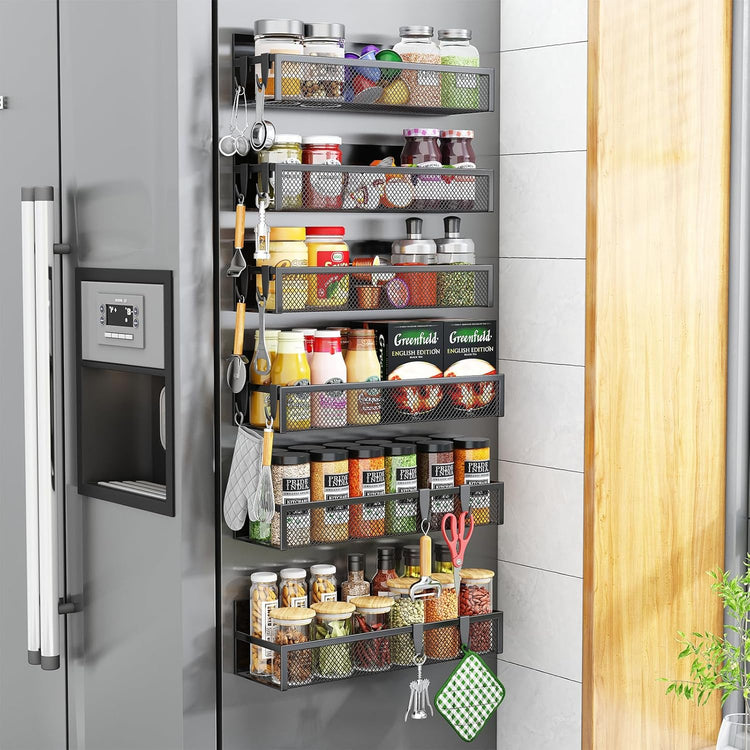 Magnetic Spice Rack for Refrigerator, 2 Pack Magnetic Shelf, Fridge Magnet Organizer with Moveable 4 Hooks, Magnet Fridge Shelf for Kitchen Organization and Storage (2 Pack)