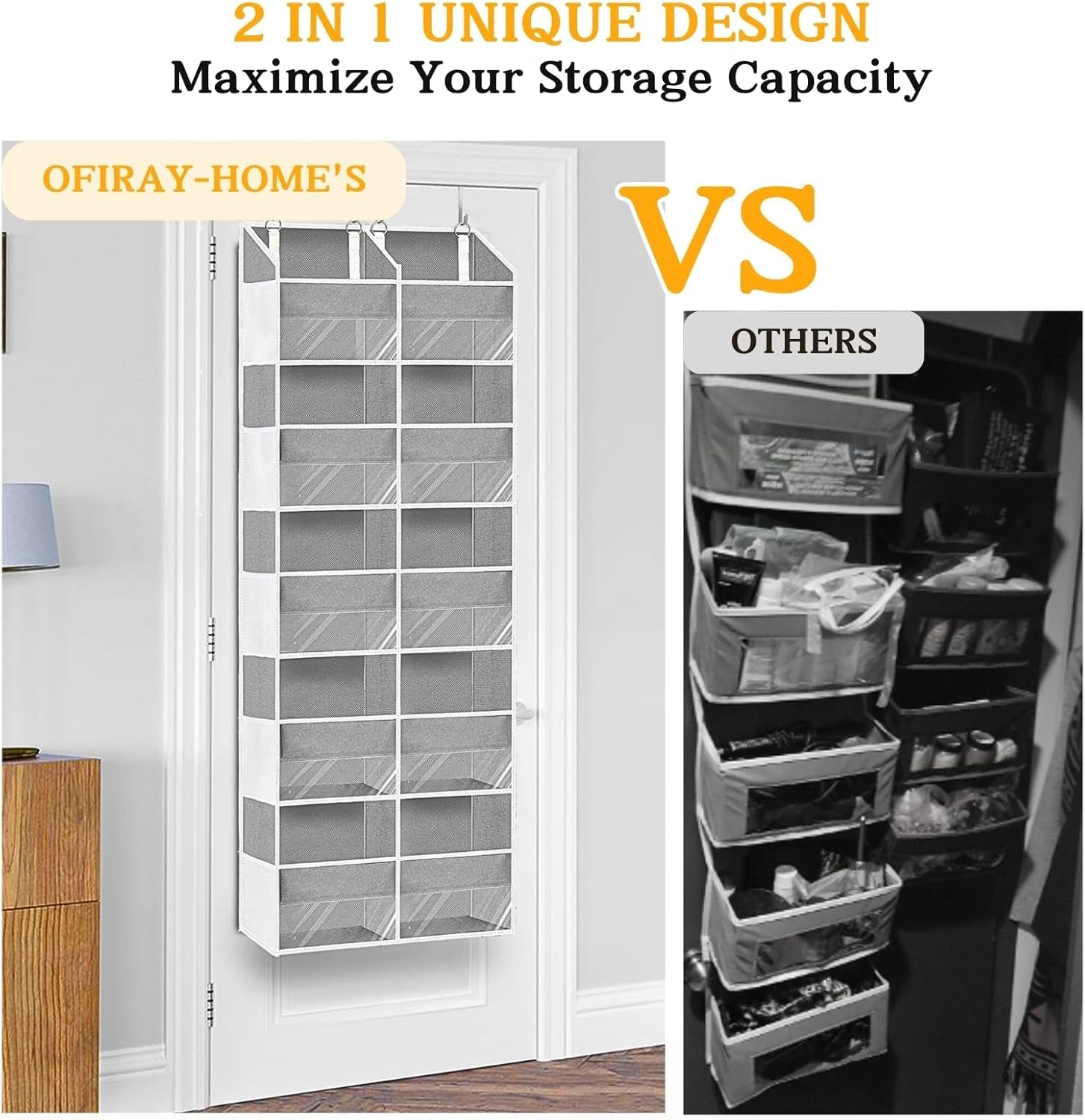 Extra Large 5-Tier Over the Door Organizer - 20 Pockets for Toys, Shoes, Diapers & More - 80Lb Capacity - Light Grey with Clear Window