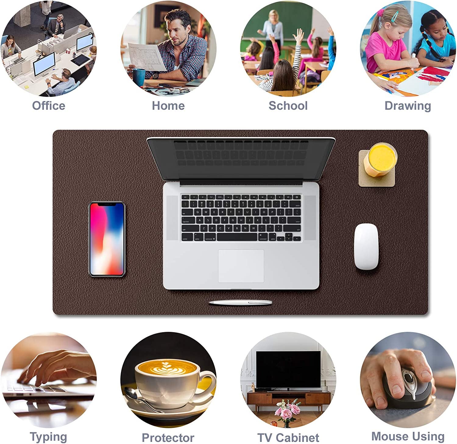 Large Natural Cork & Leather Desk Mouse Pad, Double-Sided Desk Protector, Smooth Surface Mouse Pad, Waterproof Desk Mat for Office/Home/Gaming (32" X 16" Coffee)