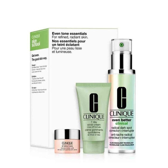 Clinique Even Tone Essentials Gift Set 50ml Even Better Clinical Radical Dark Spot Corrector + Interrupter + 30ml 7 Day Scrub Cream + 5ml All About Eyes