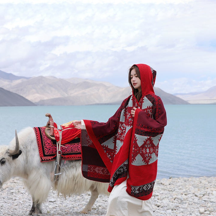 Yunnan travel hooded cape colorful retro ethnic style big shawl warm cape Tibet Xinjiang autumn and winter outside - Get Me Products