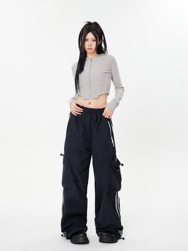 Athleisure Straight Leg Pants with Vertical Stripe Panels and Big Pockets - Get Me Products