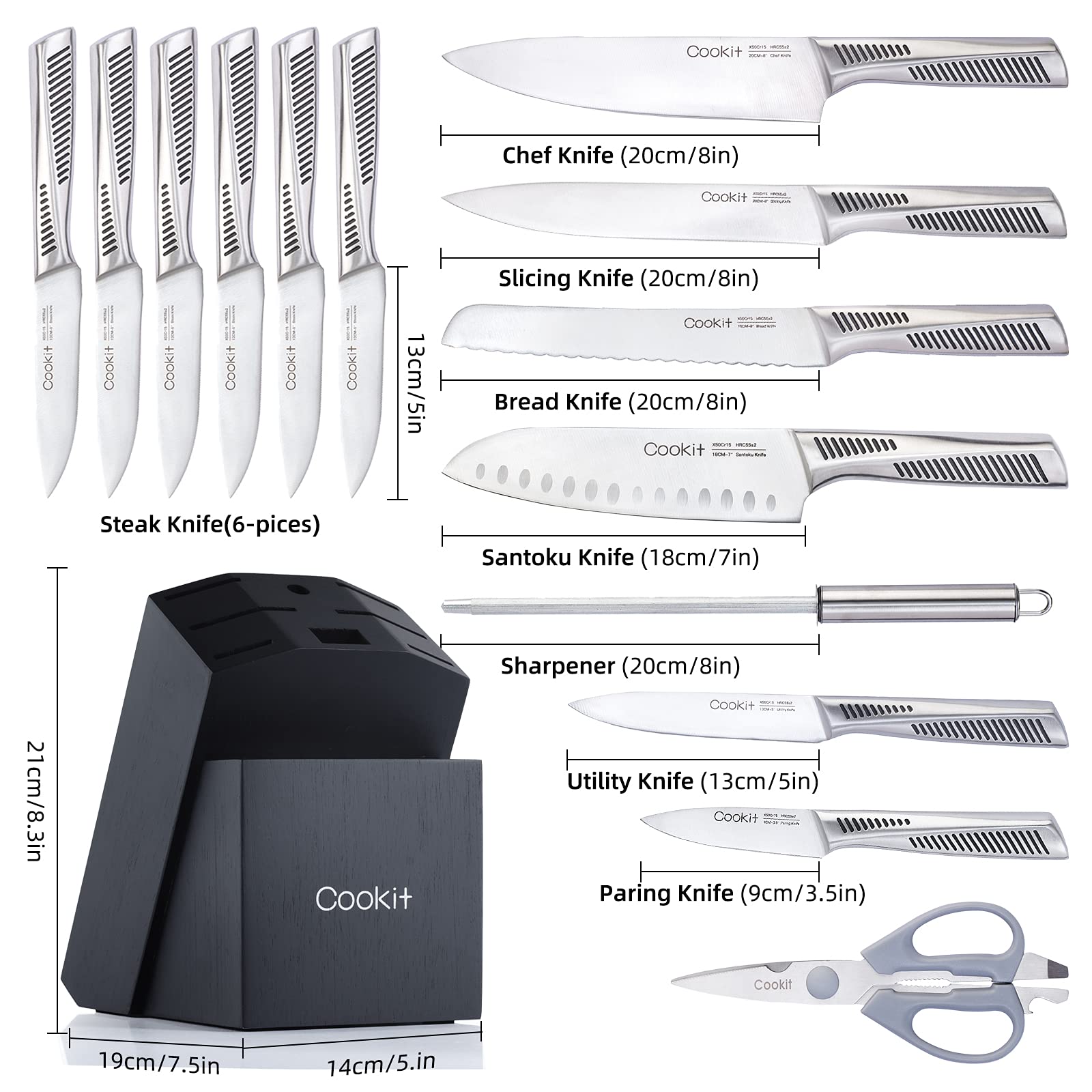 Kitchen Knife Set, 15 Piece Knife Sets with Block, Chef Knives with Non-Slip German Stainless - Get Me Products